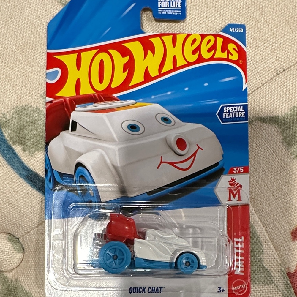 Mattel Hot Wheels Quick Chat Toy Car - White, Blue, and Red